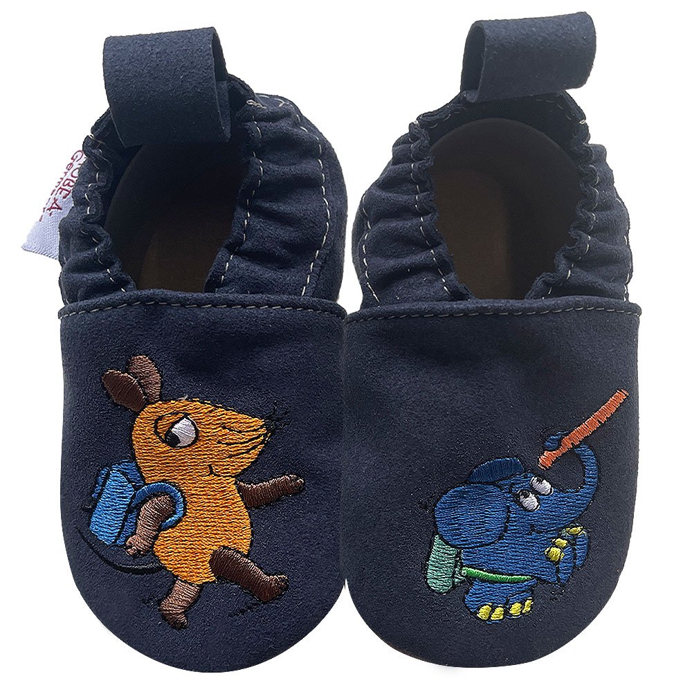 Krabbelschuhe RecyStep Maus mit Elefant Schule blau 18/19 (6 - 12 Monate) Gripwalksohle